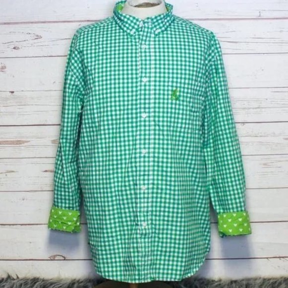 Disney Men's Gingham Green Flip Cuff Embroidered Pocket Button Down Shirt - Picture 1 of 10